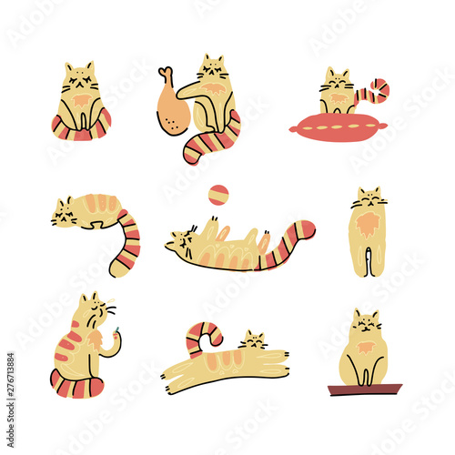 Cute cats cartoon hand drawn style,for printing,card, t-shirt, banner vector scandinavian illustration. Set of Kitten characters in different poses: eating, sleeping, playing, sitting