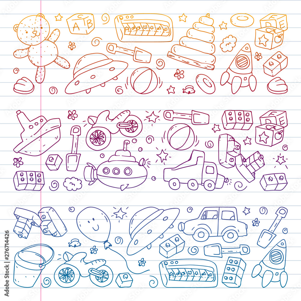 Vector pattern with kindergarten, toy children. Happy children illustration. Gradient drawing on exercise notebook.