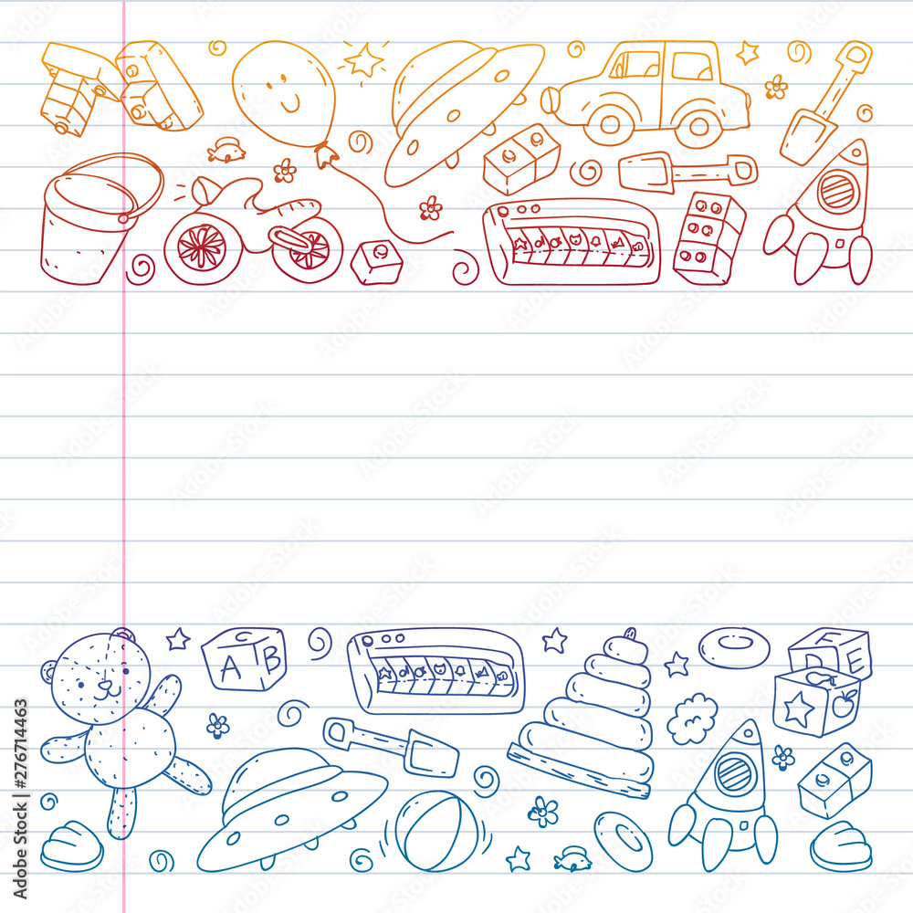 Fototapeta premium Vector pattern with kindergarten, toy children. Happy children illustration. Gradient drawing on exercise notebook.