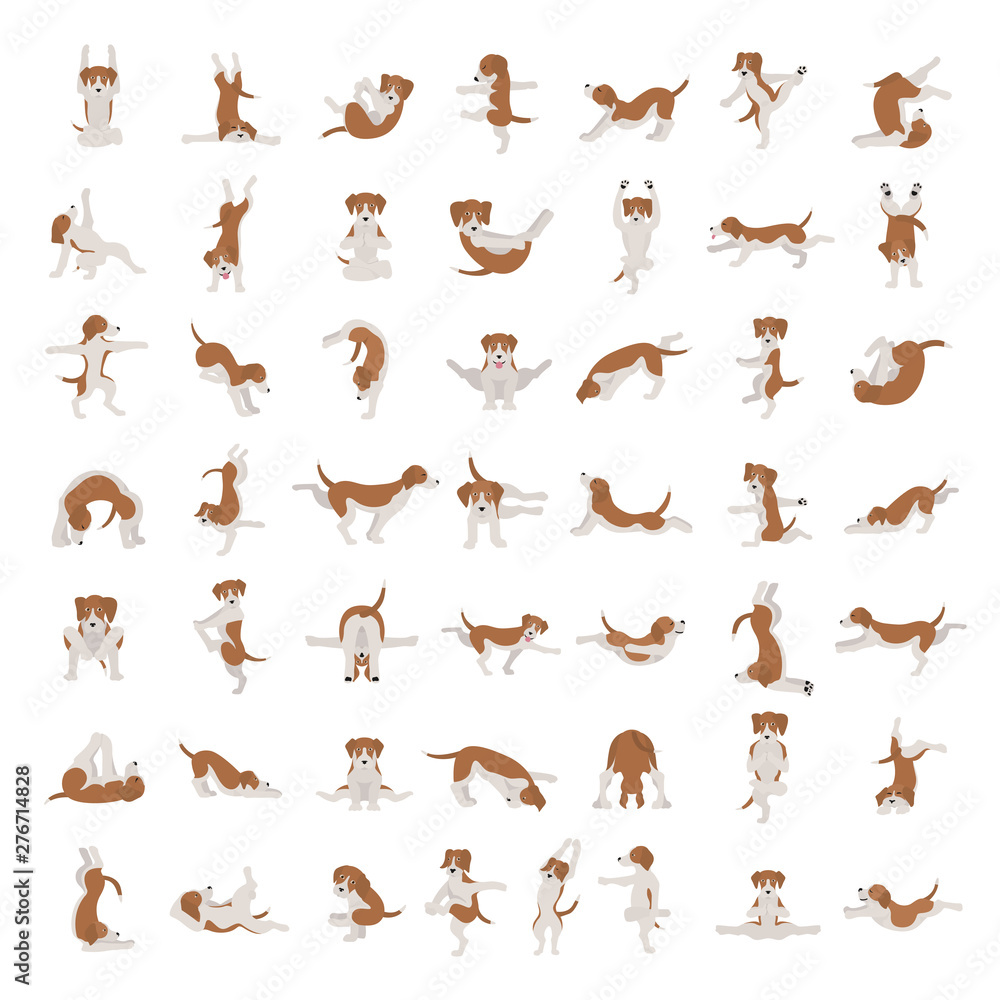Yoga dogs poses and exercises doing clipart. Funny cartoon poster design