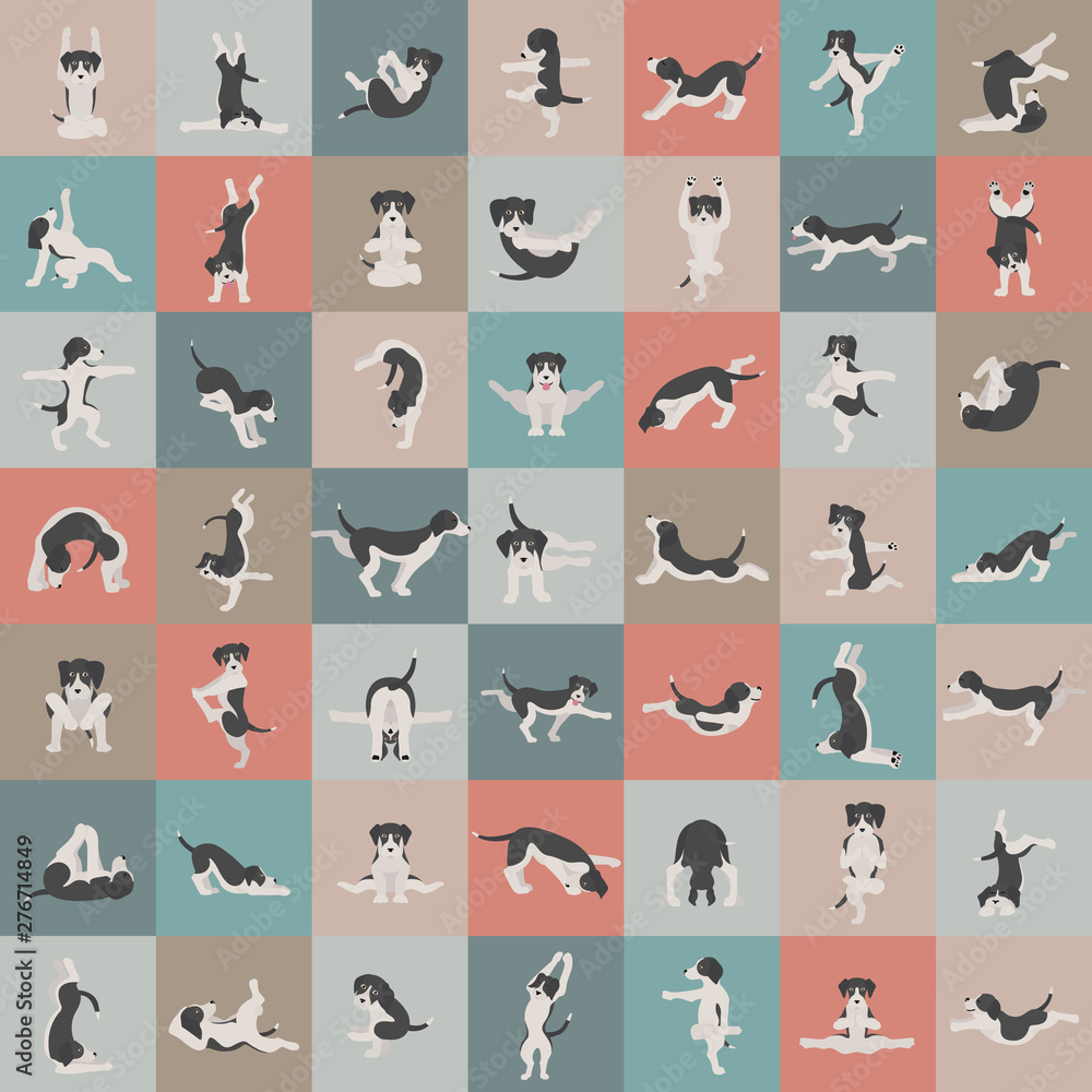 Yoga dogs poses and exercises doing clipart. Funny cartoon poster seamless pattern design