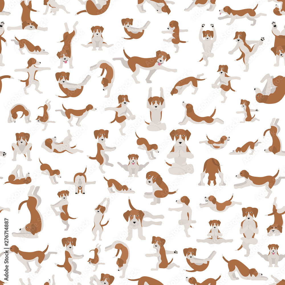 Yoga dogs poses and exercises doing clipart. Funny cartoon poster seamless pattern design