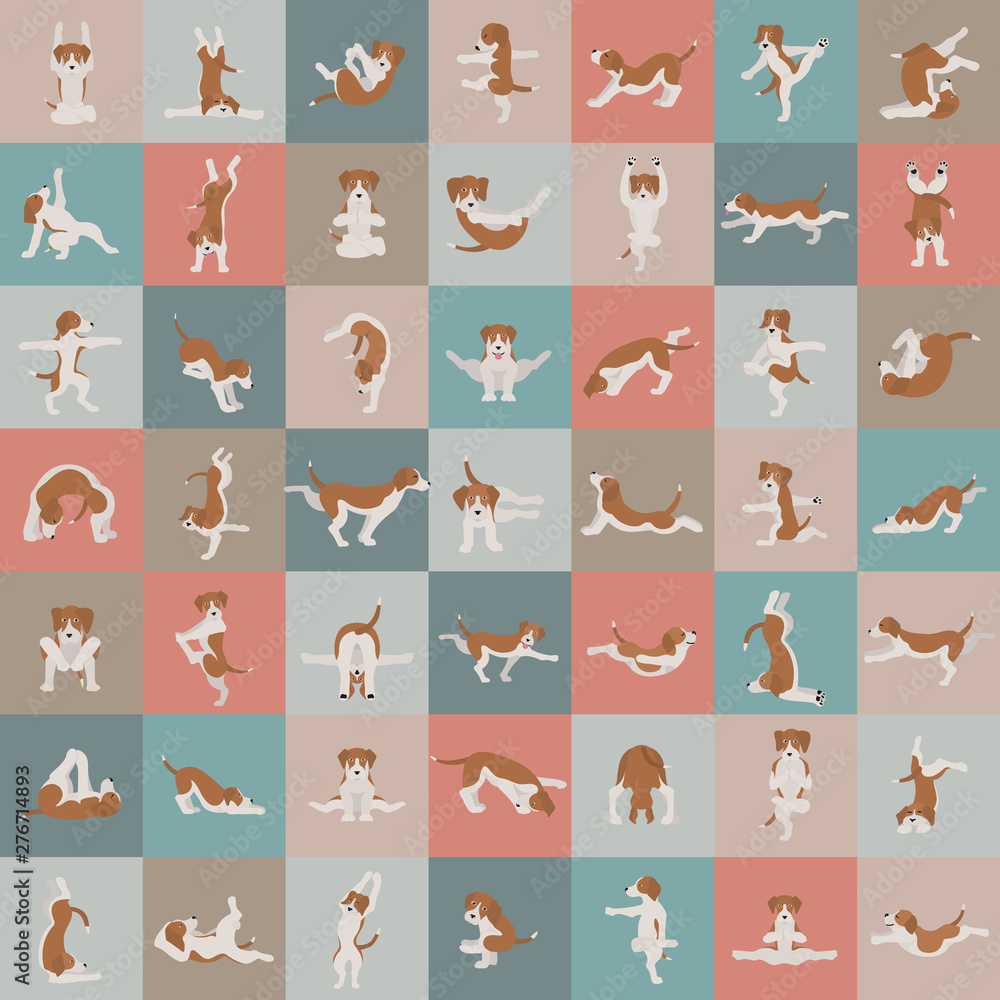 Fototapeta premium Yoga dogs poses and exercises doing clipart. Funny cartoon poster seamless pattern design