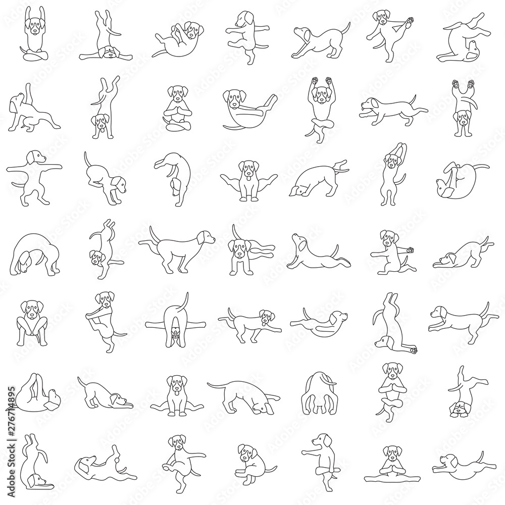 Yoga dogs poses and exercises doing clipart. Funny cartoon simple outline seamless pattern design