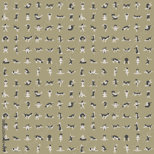 Yoga dogs poses and exercises doing clipart. Funny cartoon poster seamless pattern design