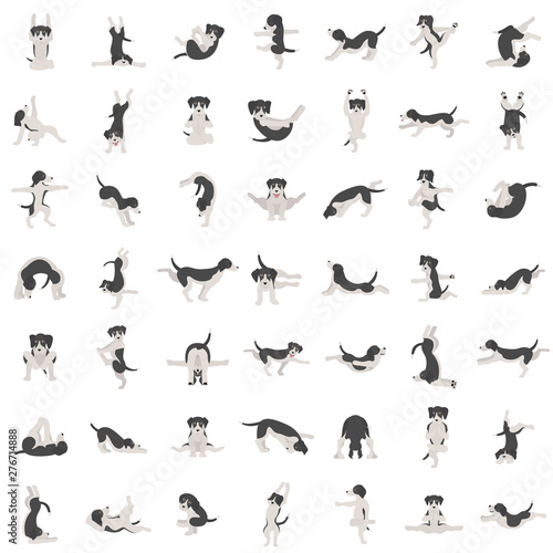 Fototapeta Naklejka Na Ścianę i Meble -  Yoga dogs poses and exercises doing clipart. Funny cartoon poster seamless pattern design