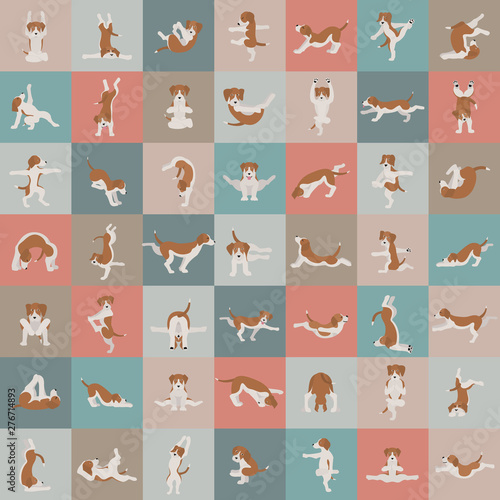 Fototapeta Naklejka Na Ścianę i Meble -  Yoga dogs poses and exercises doing clipart. Funny cartoon poster seamless pattern design