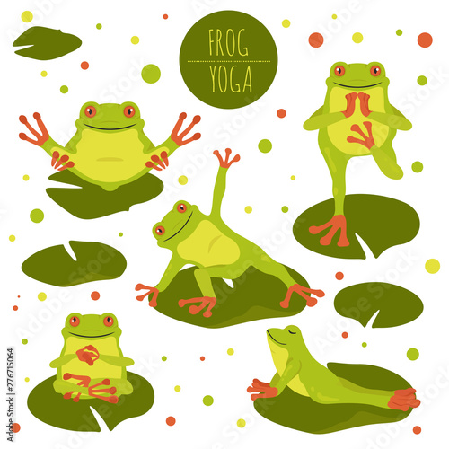 Frog yoga poses and exercises. Cute cartoon clipart set