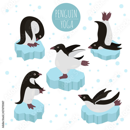 Penguin yoga poses and exercises. Cute cartoon clipart set
