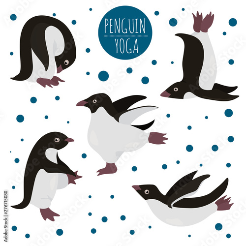 Penguin yoga poses and exercises. Cute cartoon clipart set
