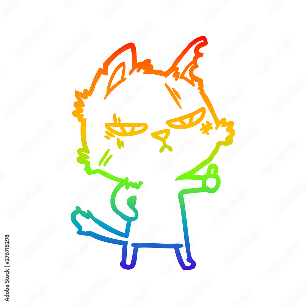rainbow gradient line drawing tough cartoon cat giving thumbs up symbol rainbow gradient line drawing tough cartoon cat giving thumbs up symbol