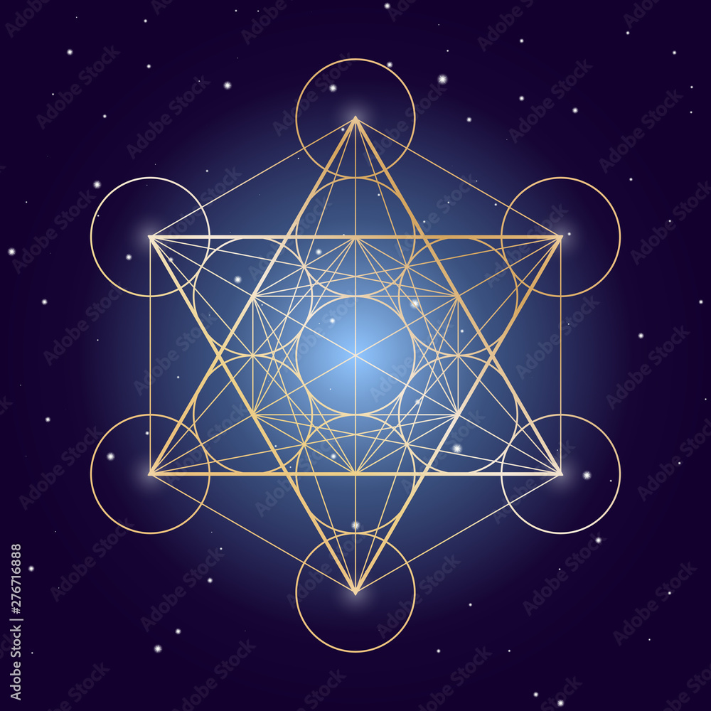 Metatron Cube symbol on a starry sky, elements of sacred geometry