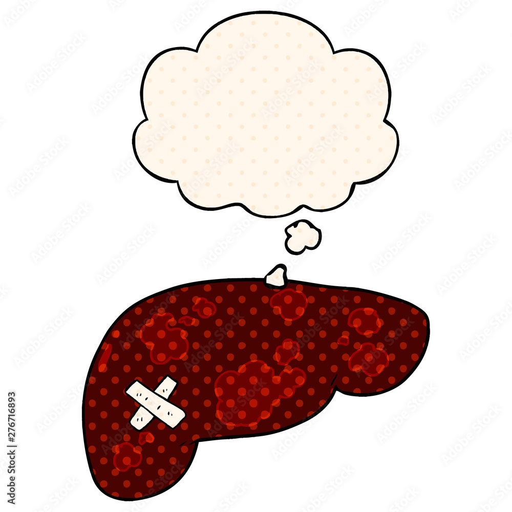 cartoon unhealthy liver and thought bubble in comic book style cartoon unhealthy liver and thought bubble in comic book style