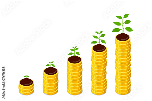 Growing columns of coins and growing plant on top of them, savings concept. Vector isometric illustration