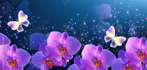 Glowing fantasy banner with magic butterflies with mysterious neon orchids and sparkle stars for flowers storefront design or florist shop decor © Marisha