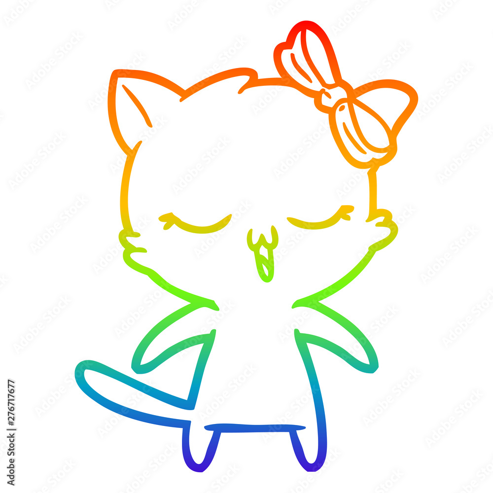 rainbow gradient line drawing cartoon cat with bow on head rainbow gradient line drawing cartoon cat with bow on head