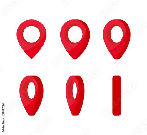 Set of vertical rotation red location marks. Map pointer 3d pin. Realistic location point symbol sprites for animation frames. Use in game development, mobile games or motion graphic.