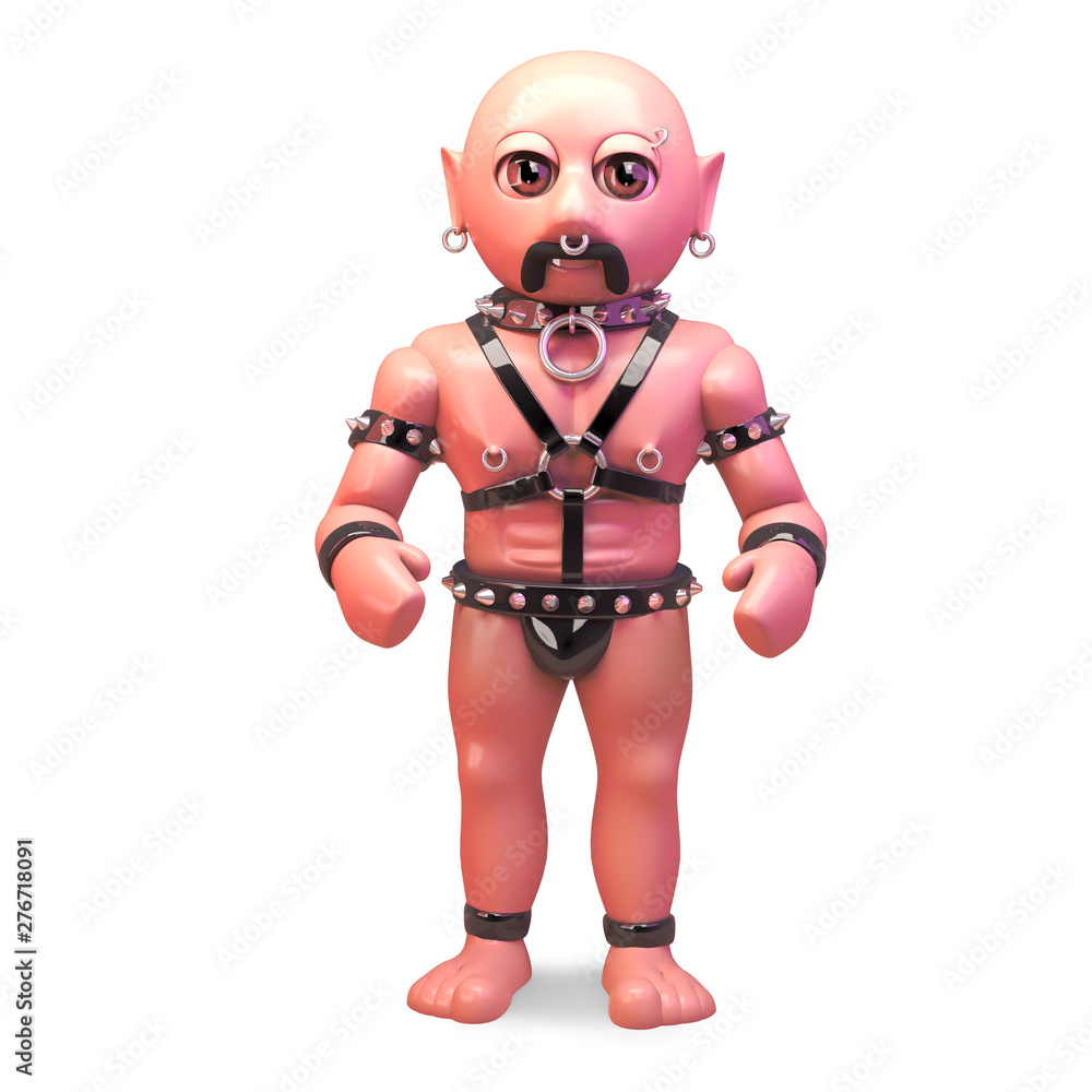 Bald gay fetish man in bondage outfit stands firm, 3d illustration