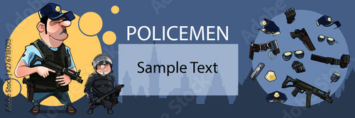 poster card with two cartoon armed policemen with objects and space for text