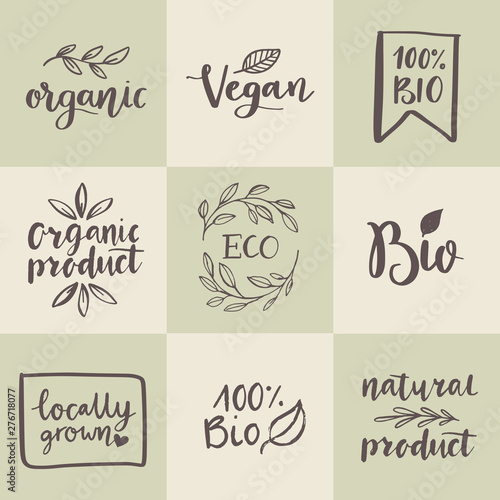 Set of organic  eco  bio  natural  gluten free  vegan food labels and vector design elements. Hand drawn healthy food logo templates.
