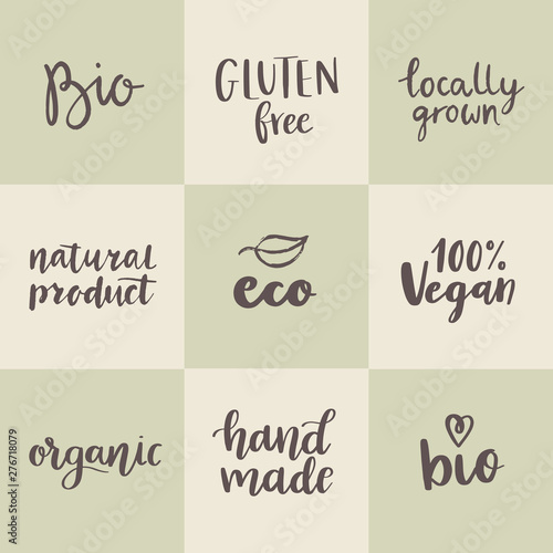 Set of organic, eco, bio, natural, gluten free, vegan food labels and vector design elements. Hand drawn healthy food logo templates.