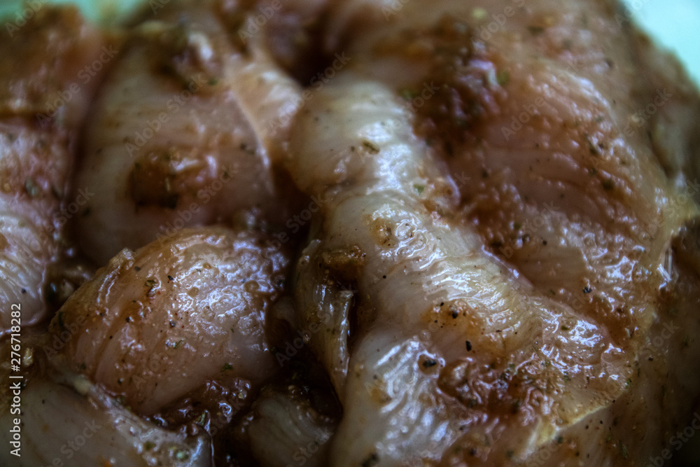 hicken meat pickled with spices, close-up hicken meat pickled with spices, close-up