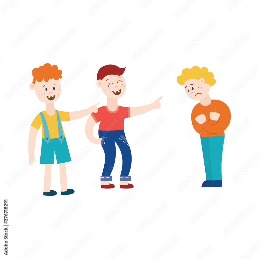 Teens or schoolboys offends a classmate flat vector illustration isolated on white. Teens or schoolboys offends a classmate flat vector illustration isolated on white.