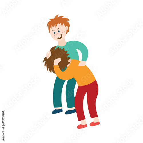 Schoolboy bullying a classmate flat vector illustration isolated on white.