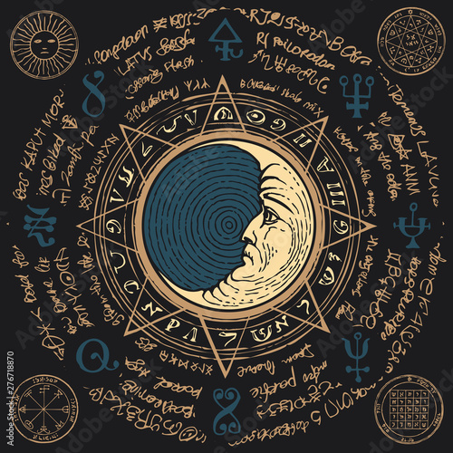 Illustration of the moon in an octagonal star with magical inscriptions and symbols written in a circle. Vector banner with old manuscript in retro style on black background