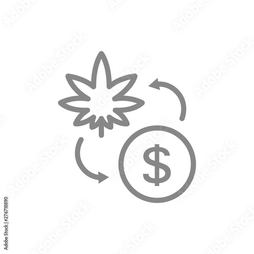 Coin with cannabis leaf, purchase of medical marijuana line icon.