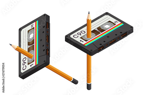 Isometric Realistic Isolated Compact Cassette and a Pencil as a Tool for Rewind - 80s Retro