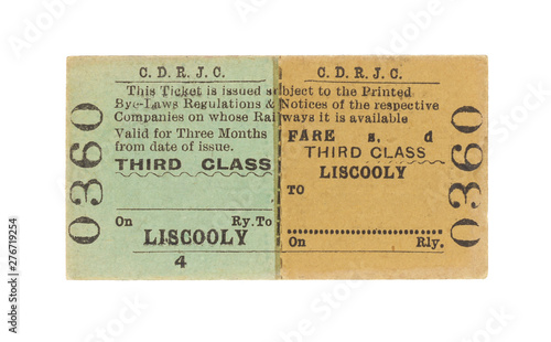 Fahrkarte Zug Irland Vintage Train Tickets Ireland alt old retro grün green beige Liscooly Monatskarte 0360 dritte Klasse third class photo