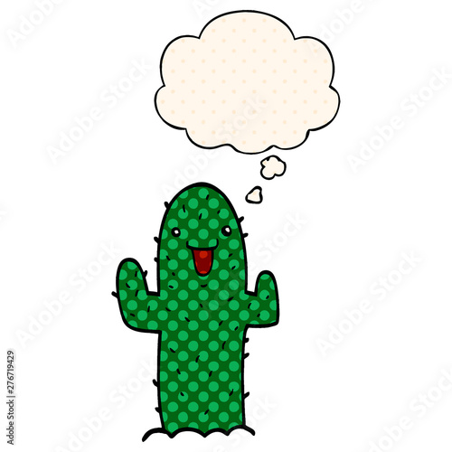cartoon cactus and thought bubble in comic book style