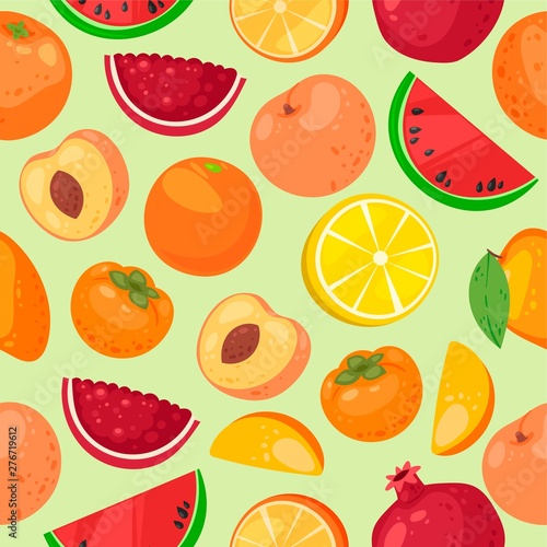 Fototapeta Naklejka Na Ścianę i Meble -  Fruit seamless pattern vector illustration. Organic and natural food products. Citrus such as orange and lemon, watermelon, peach, pomegranate. Healthy eating. Natural vitamins.