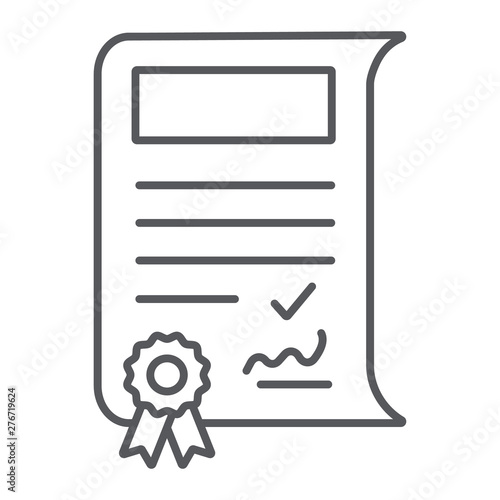 School sertificate thin line icon, achievement and award, diploma sign, vector graphics, a linear pattern on a white background.