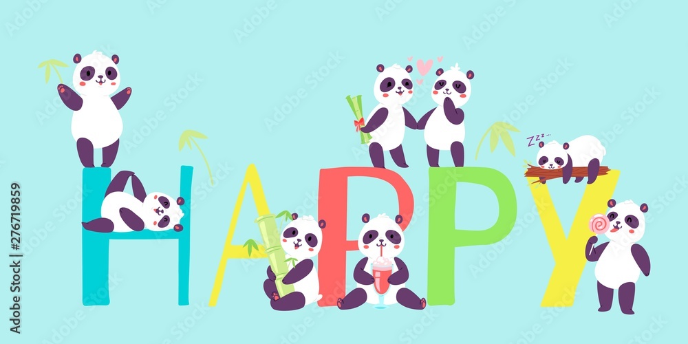 Panda characters in different positions banner vector illustration. Chinese bear newborn happy panda toys. Animal drinking cocktail, eating lollipop sleeping on tree branch.
