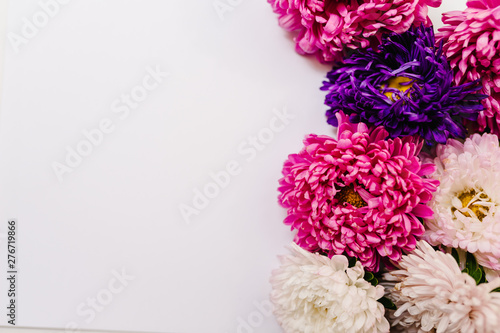 Flowers composition. Violet and purple flowers on white background. Spring, easter concept. Summer delicate blooming leaves and blossoming flowers, pastel and soft bouquet floral card.