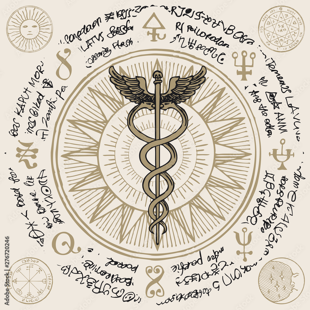 Vector banner with hand-drawn staff of Hermes. Caduceus with two snakes and  wings on the background of an old illegible manuscript written in a circle.  Medical symbol Stock Vector | Adobe Stock