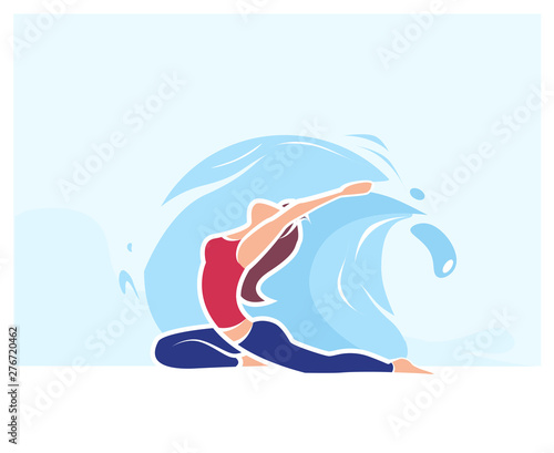 Cartoon Woman in Asana Position. Yoga Exercise Practice Outdoors Vector Illustration. Summer Nature Water Harmony. Body Care Balance. Healthy Lifestyle. Relaxation Stretch Recharge Energy - Vector