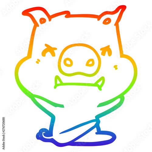 rainbow gradient line drawing angry cartoon pig throwing tantrum