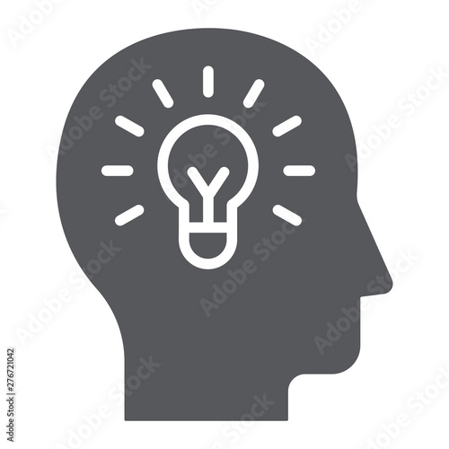 Human idea glyph icon, creativity and solution, light bulb in head sign, vector graphics, a solid pattern on a white background.