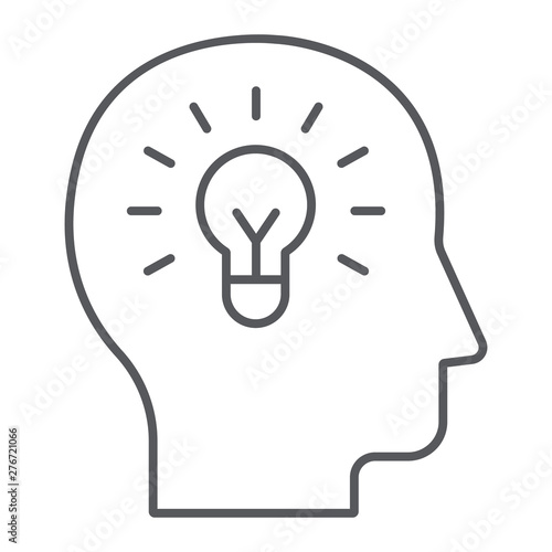 Human idea thin line icon, creativity and solution, light bulb in head sign, vector graphics, a linear pattern on a white background.