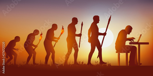 Concept du monde informatisé et des réseaux sociaux avec le symbole de Darwin montrant l’évolution de l’homme primitif vers l’homme moderne, qui ne quitte plus son écran.