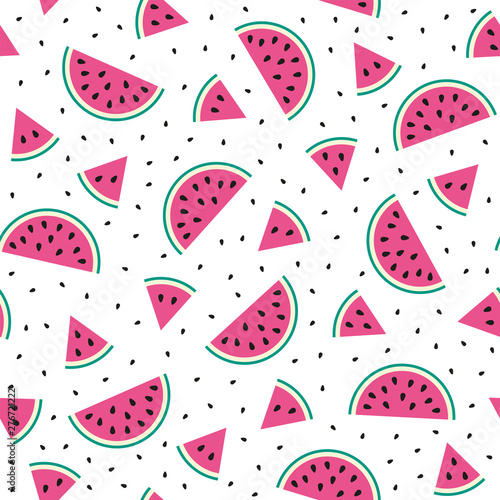 Watermelon cartoon seamless pattern. Baby and kids style abstract geometric background. Colorful vector illustration. Funny watermelons. Cute kawaii smiling watermelons