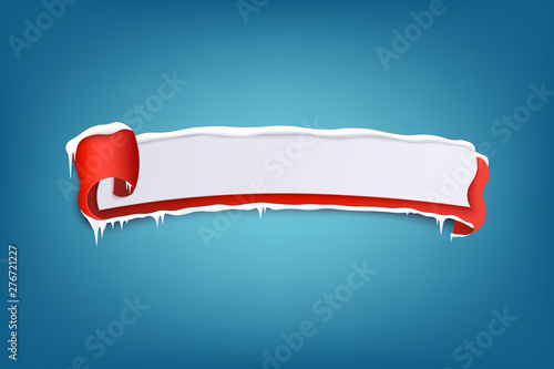 Horizontal icy winter red banner with snow and curled edge 3d vector illustration.