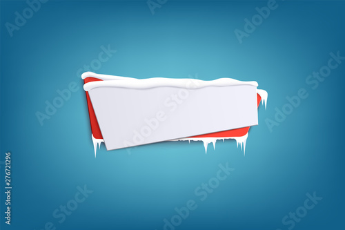 Horizontal icy winter red banner with snow and curled edge 3d vector illustration.