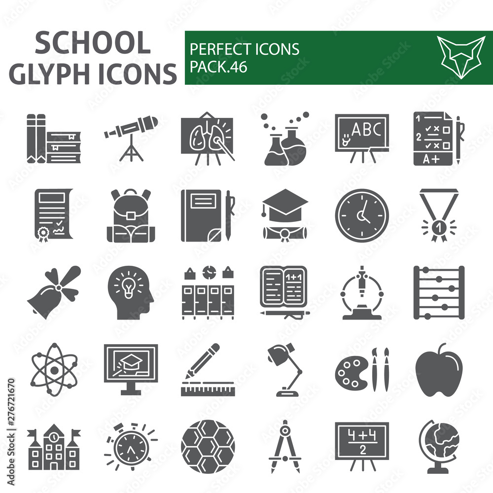 School glyph icon set, education symbols collection, vector sketches, logo illustrations, study signs solid pictograms package isolated on white background.