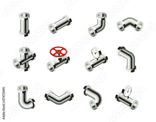 Isometric Pipes, Fittings, Valve and Meters Vector Icon Set in Realistic Style