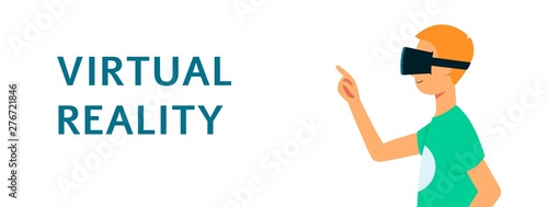 Banner of man profile in glasses of virtual reality and text flat cartoon style