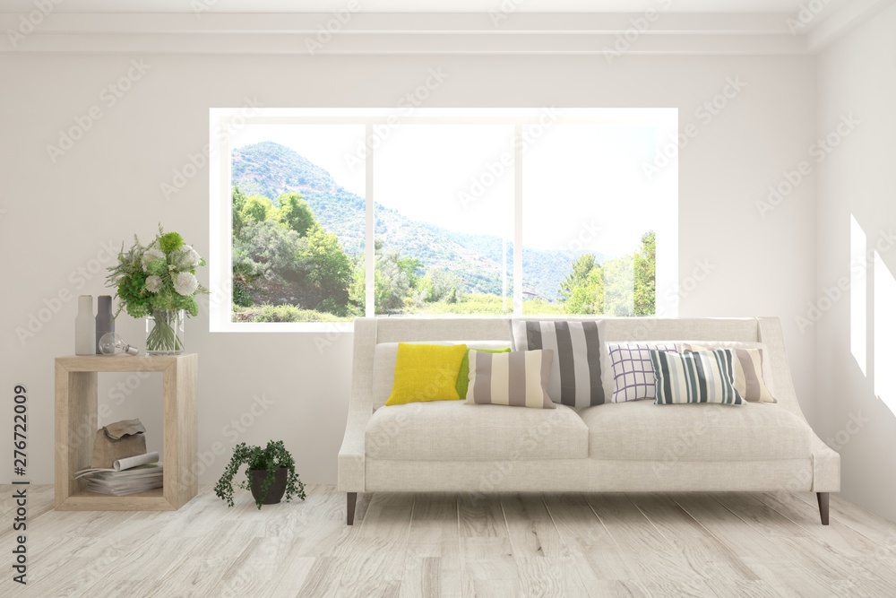 Stylish room in white color with sofa and summer landscape in window. Scandinavian interior design. 3D illustration Stylish room in white color with sofa and summer landscape in window. Scandinavian interior design. 3D illustration